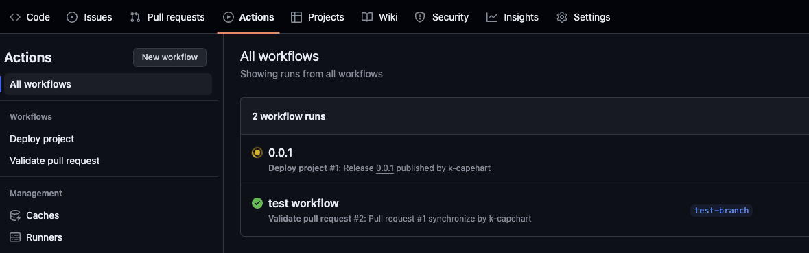 Actions tab in GitHub with a running workflow titled 0.0.1