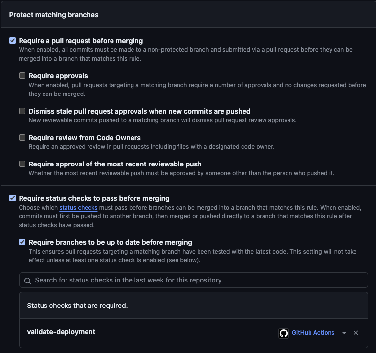 Options for branch protection in GitHub with “Require a pull request” and “Require status check” selected