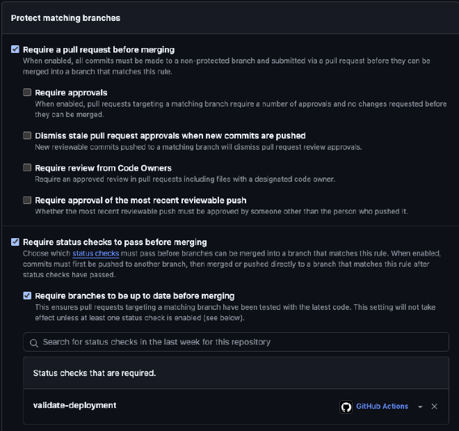 Options for branch protection in GitHub with &ldquo;Require a pull request&rdquo; and &ldquo;Require status check&rdquo; selected