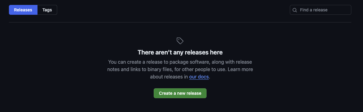 Empty releases page in GitHub with a button to create a new release