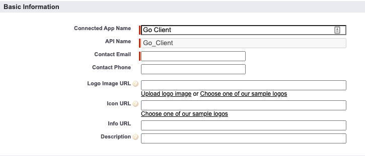 Connected app with basic details information filled out out