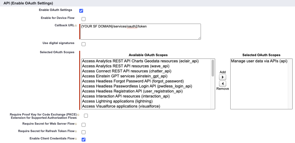 Connected app with API details filled out out